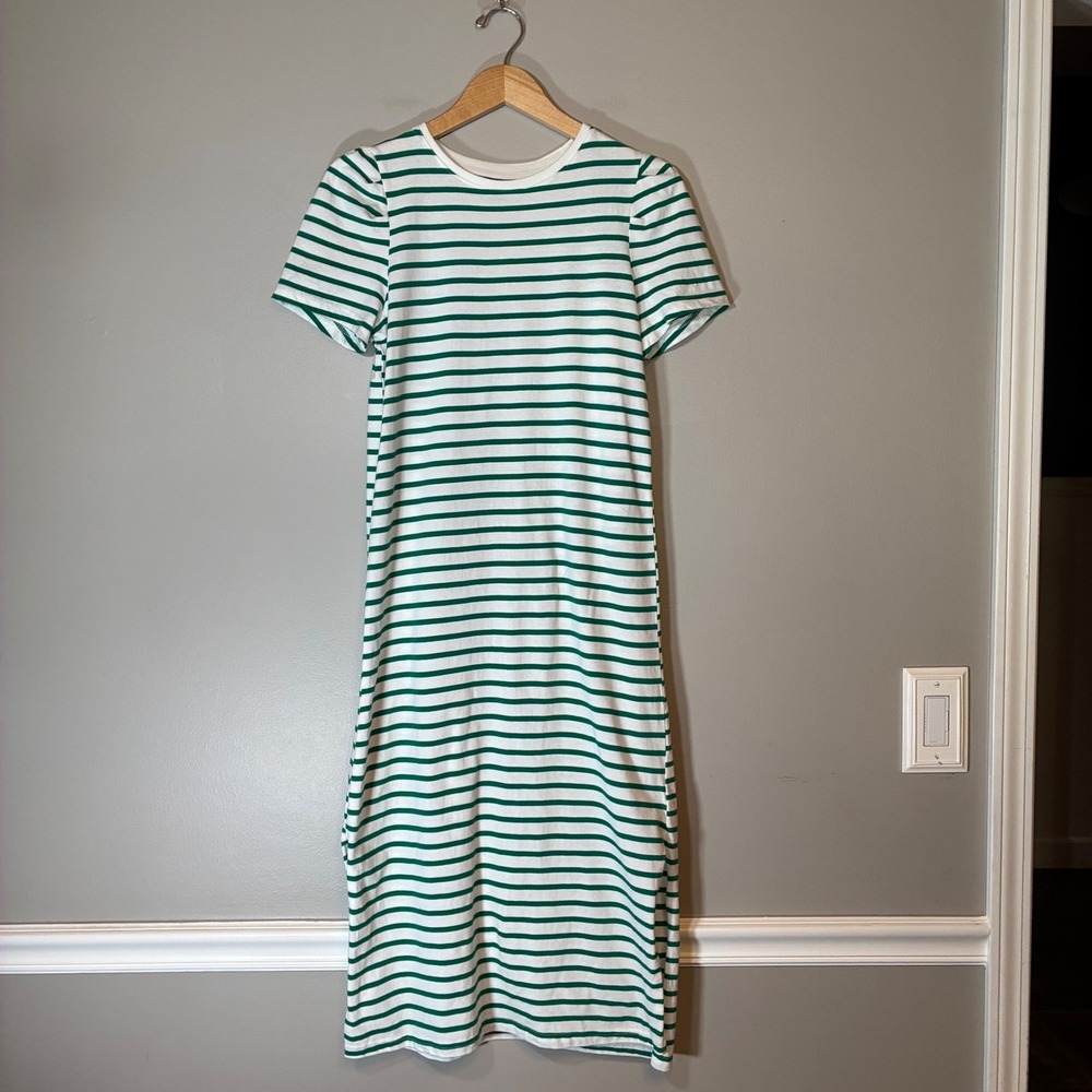 Who What Wear Green White Striped Cotton Midi T-Shirt Dress Small